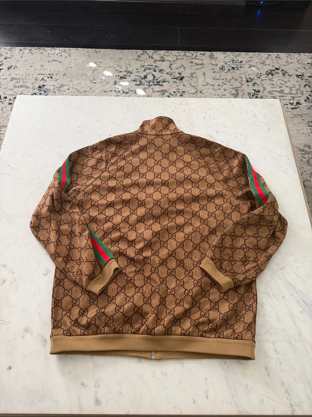 Gucci Brown Monogram Bomber Jacket with Red & Blue Chevrons
